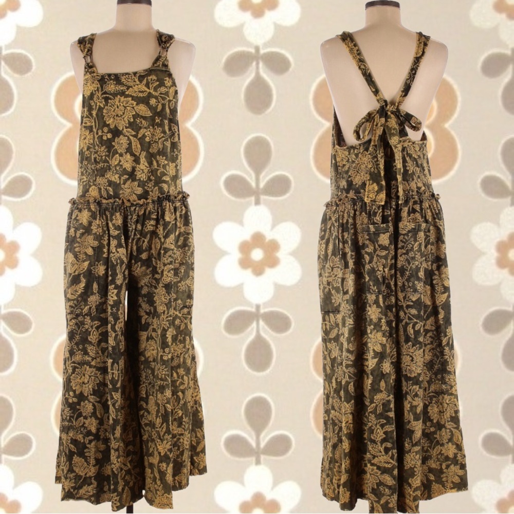 Earthy Floral Free People Intimately Jumpsuit Overalls, Tie Back Wide Leg Romper
